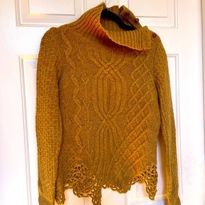 Anthropologie Moth: tan/mustard colored Crochet Knit Turtleneck Sweater